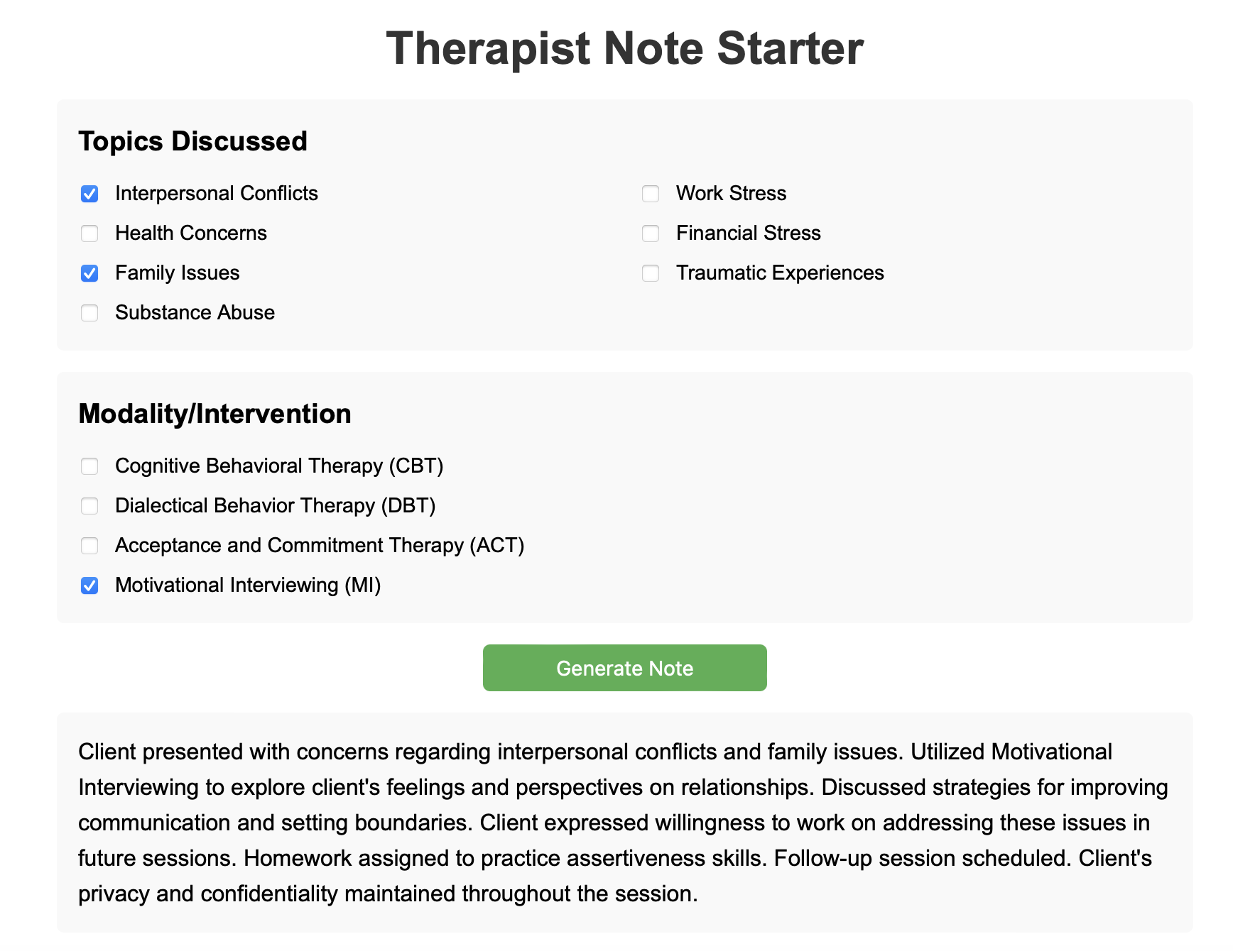 Therapist Note Starter